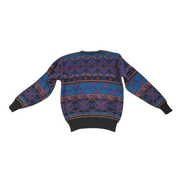 Vintage Campus Men's Diamond Geometric Leather Trim Sweater Size L Retro - Picture 2 of 13